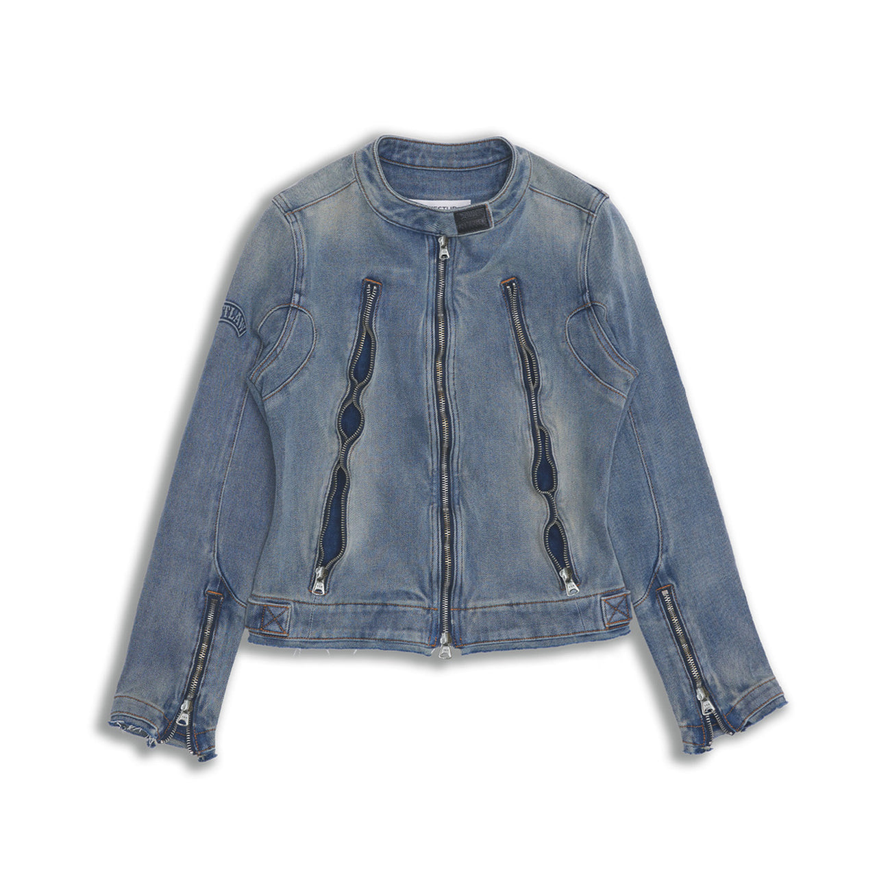 Denim Wave Zipped Decorative Moto Jacket