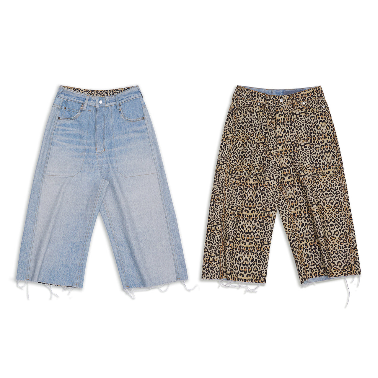 Reversible Denim&Leopard Print Capris