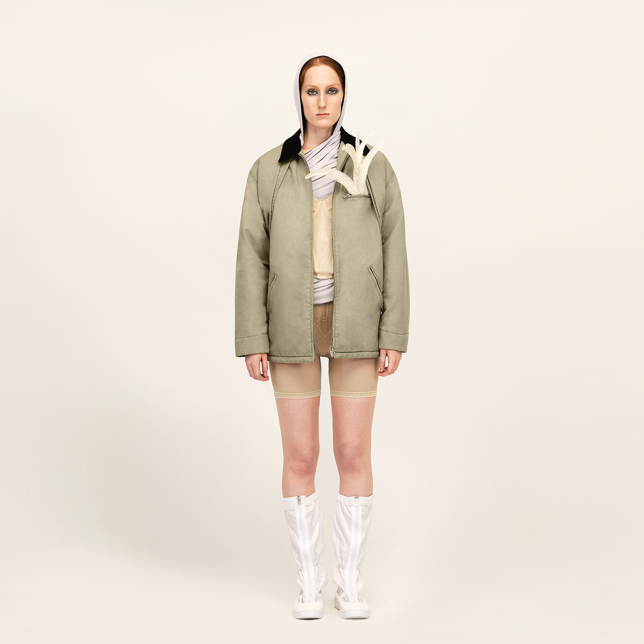 Grey Green Lapel Washed Workwear Jacket