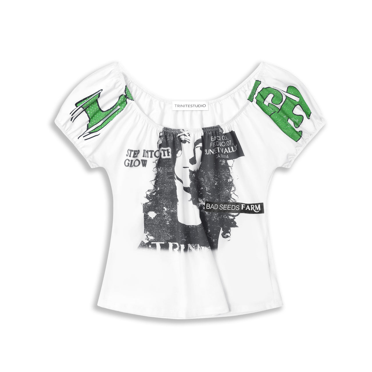白 ヴィンテージ グラフィック パフスリーブ Tシャツ
