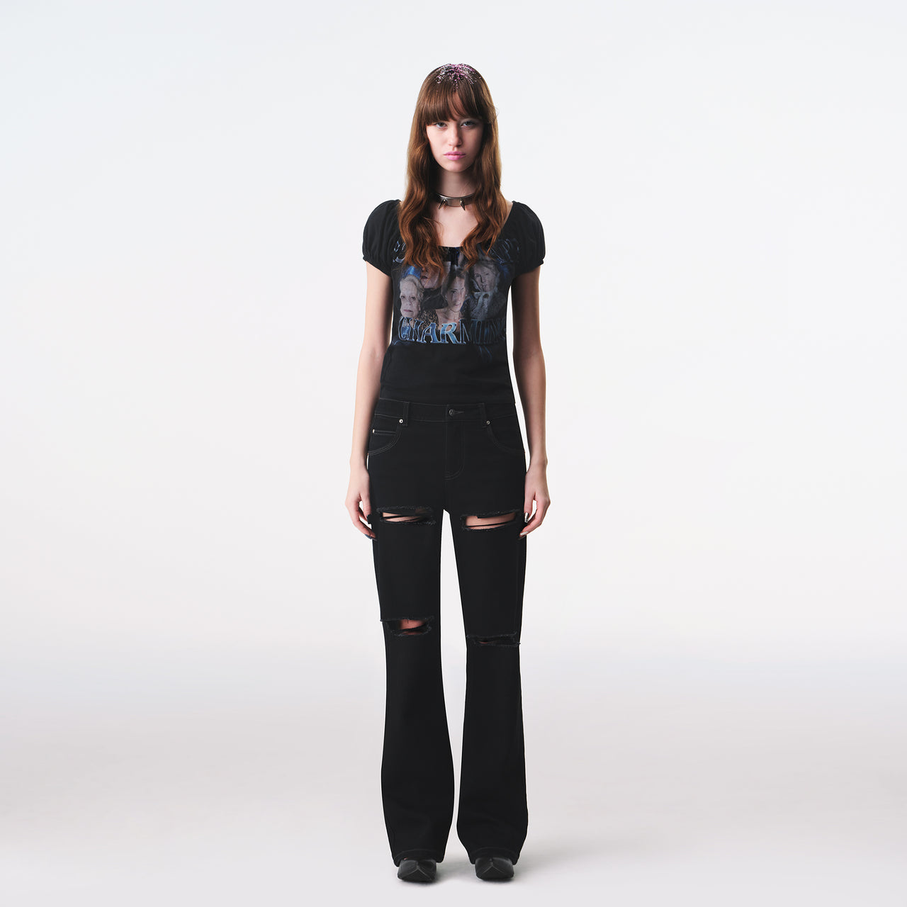 黒のヴィンテージグラフィックパフスリーブTシャツ
