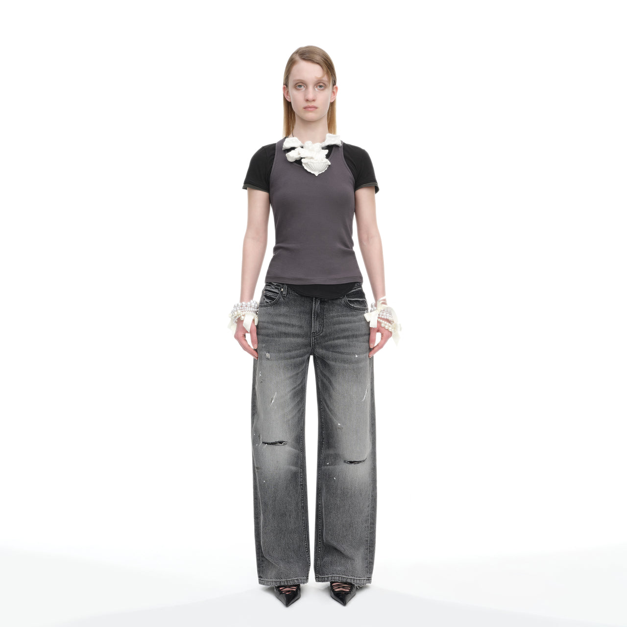 Distressed Washed Straight-Leg Jeans