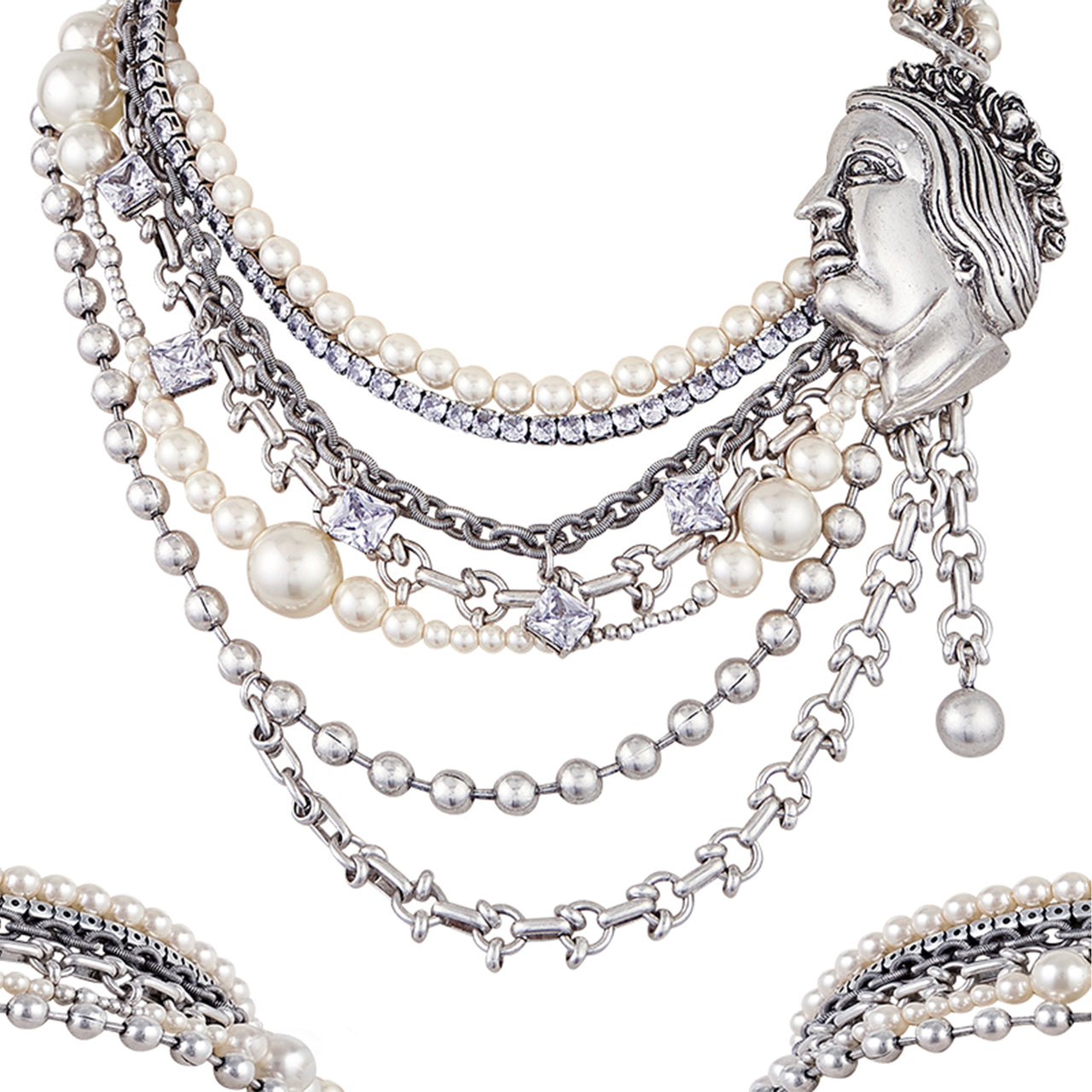 Distressed Portrait Multi-Layer Pearl Short Necklace