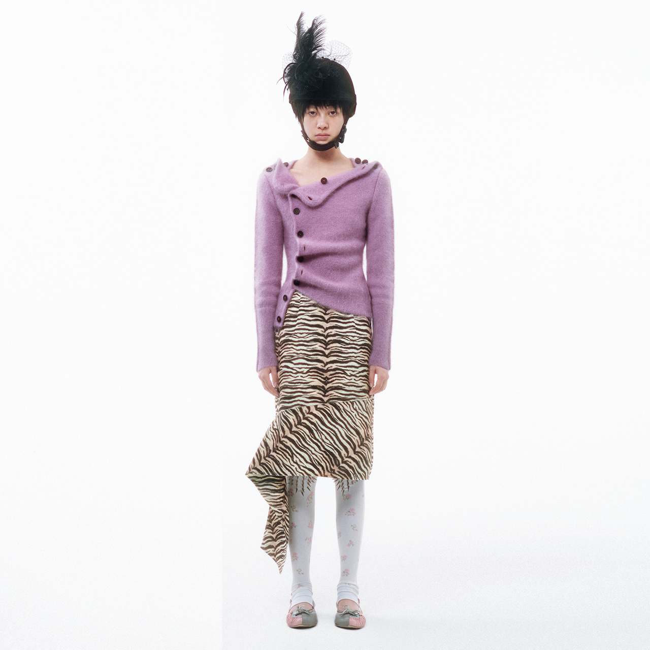 Raw-finish Tiger-print Satin Skirt with Lace Underlayer Pants