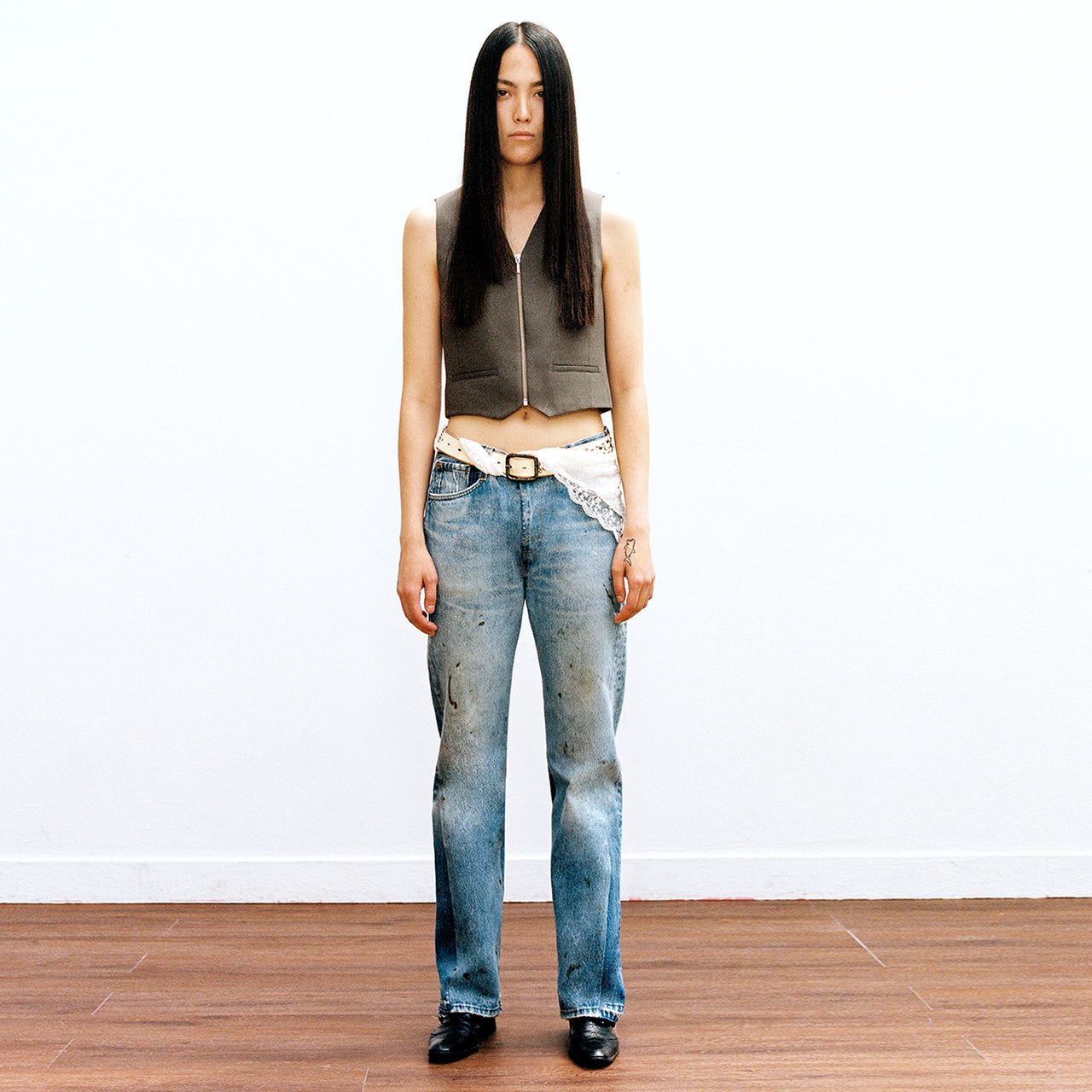 Distressed Washed Mud-Effect Flared Jeans