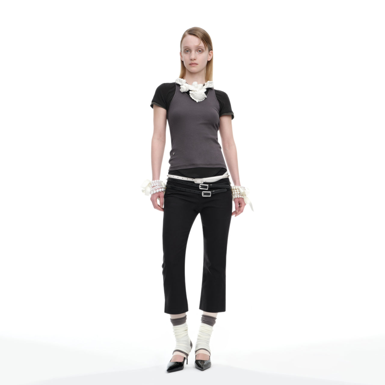 Black Metal Rivet Decorative Slightly Flared Capri Pants