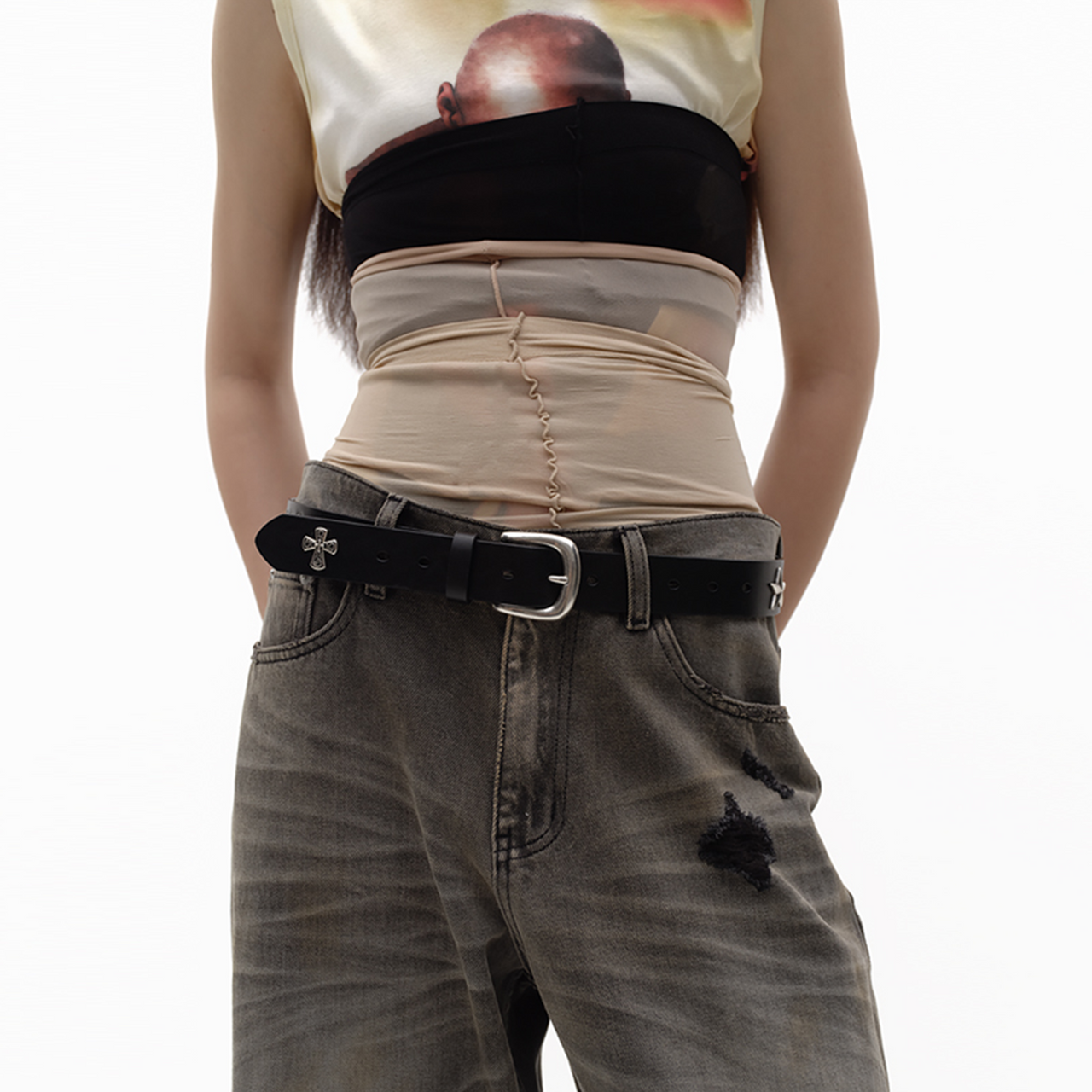 Black Embossed Portrait Leather Belt with Metal Studs