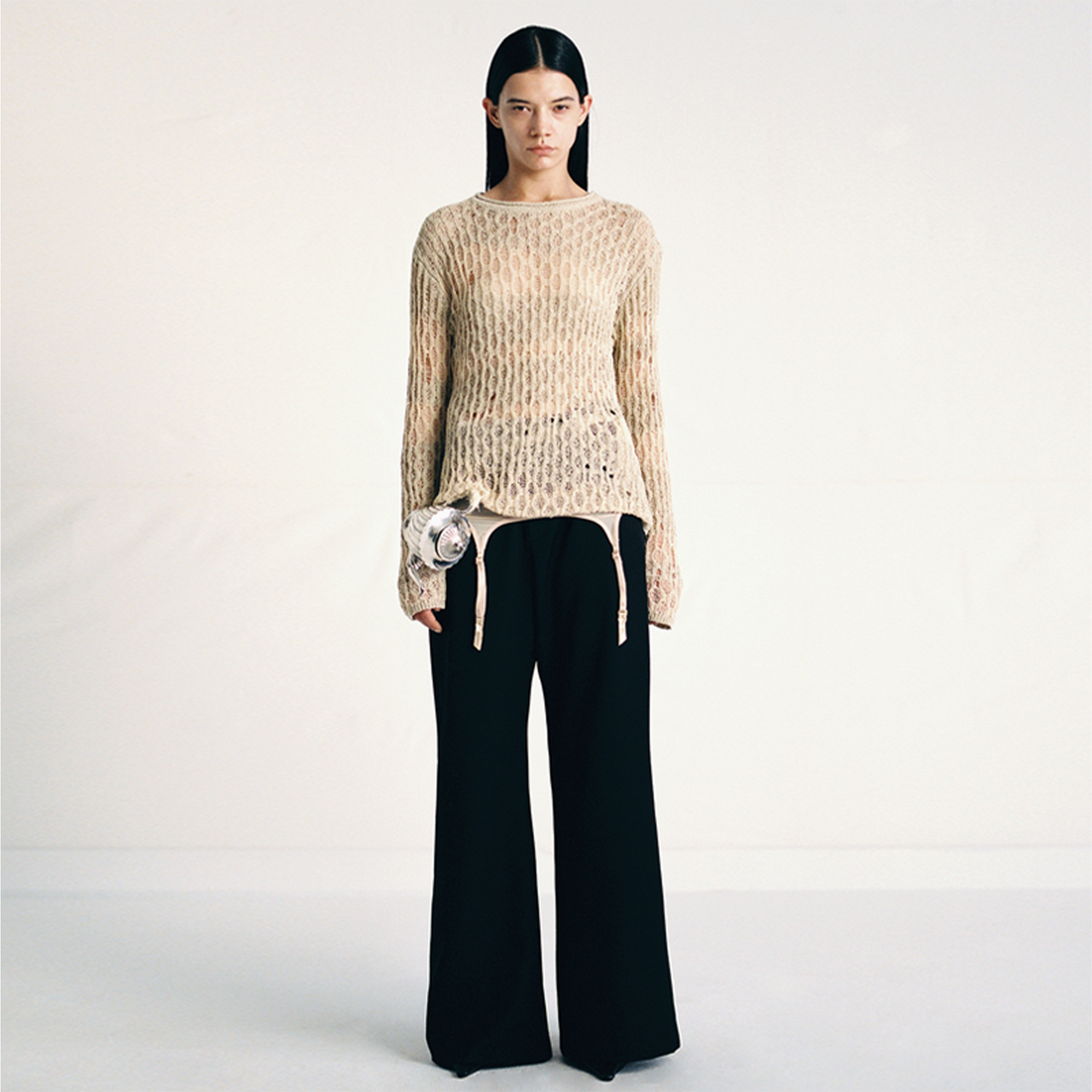 Black Wool Loose Flared Trousers