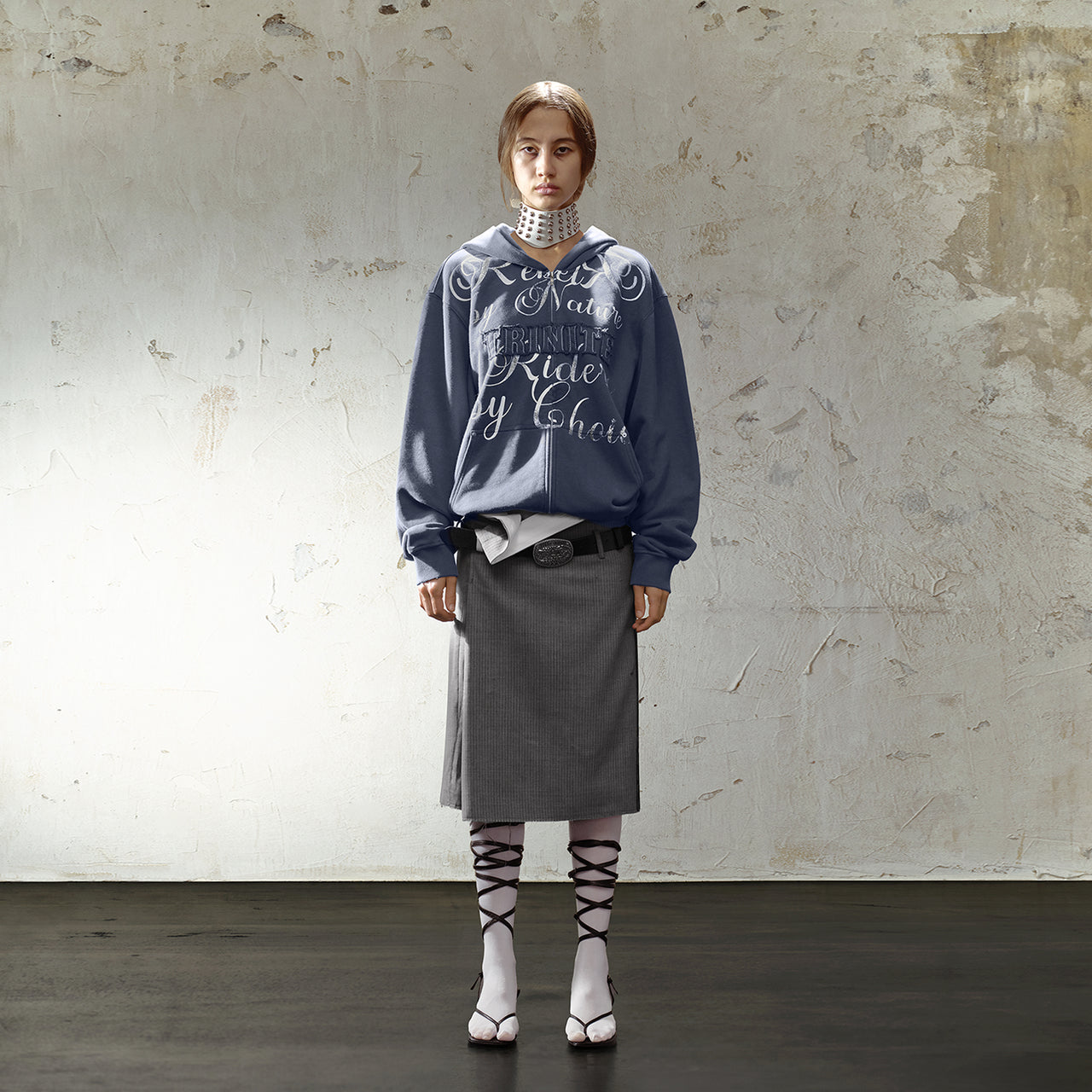 Denim Blue Embroidery Printing Decorative Loose Zip Hoodie