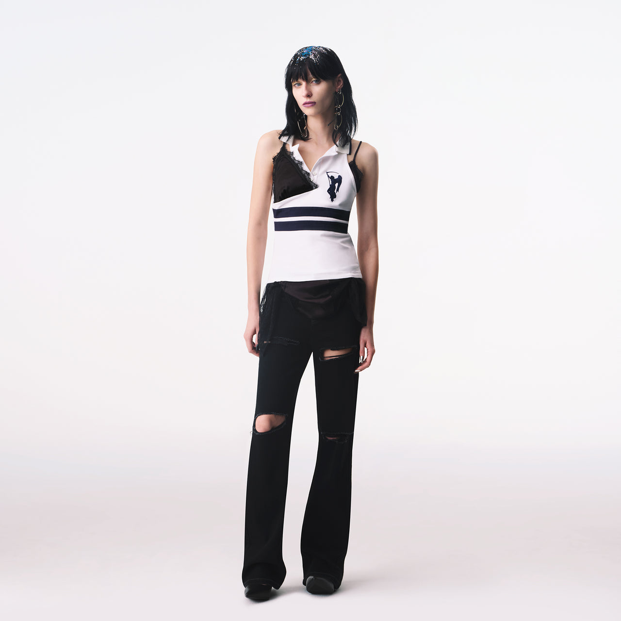 Black and White Strappy Deconstructed Polo Top