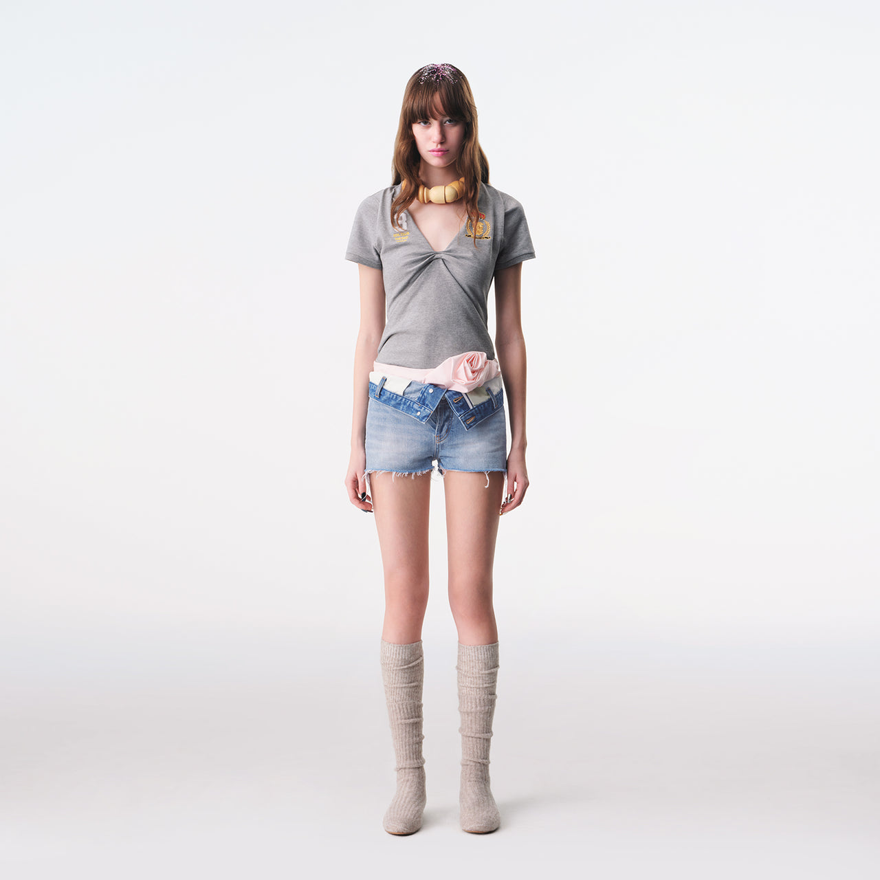 Heather Grey Knotted Deconstructed Polo Top