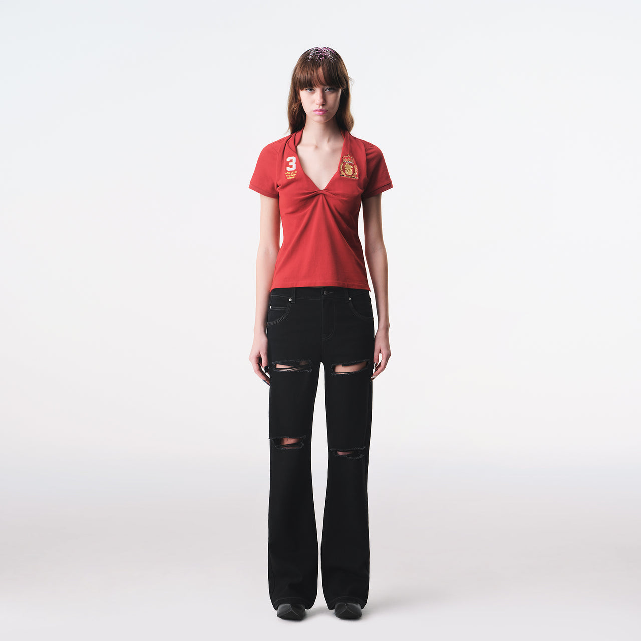 Red Knotted Deconstructed Polo Top