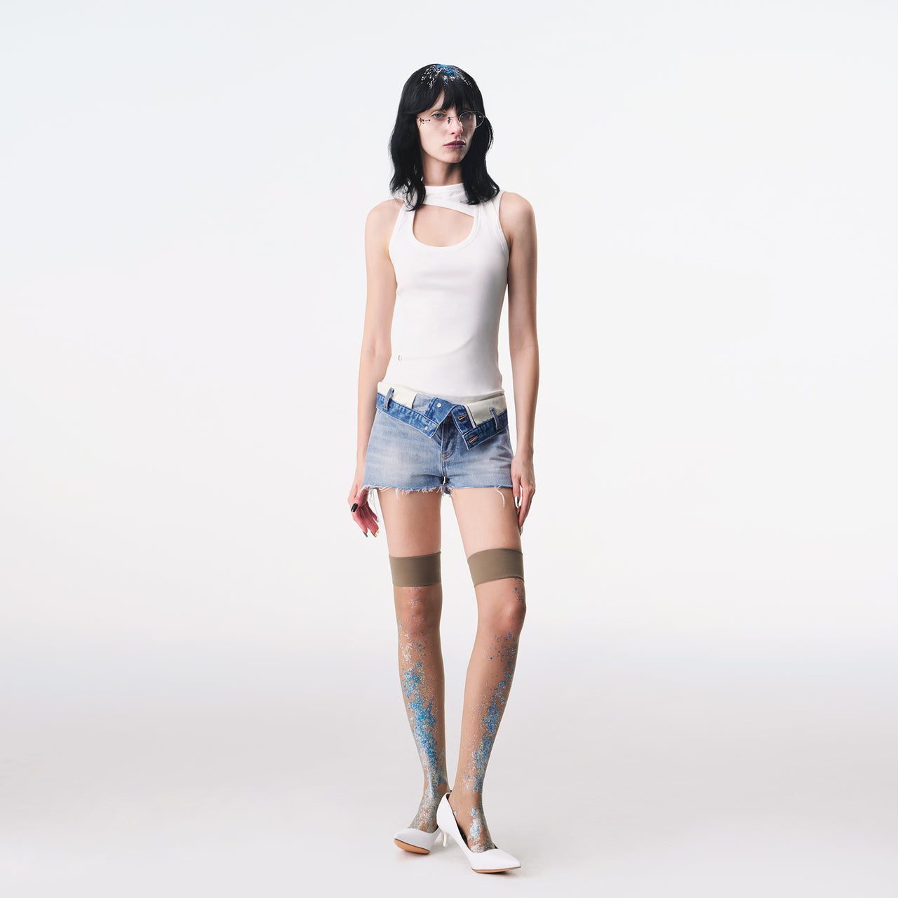 Fold-Over Waist Denim Shorts