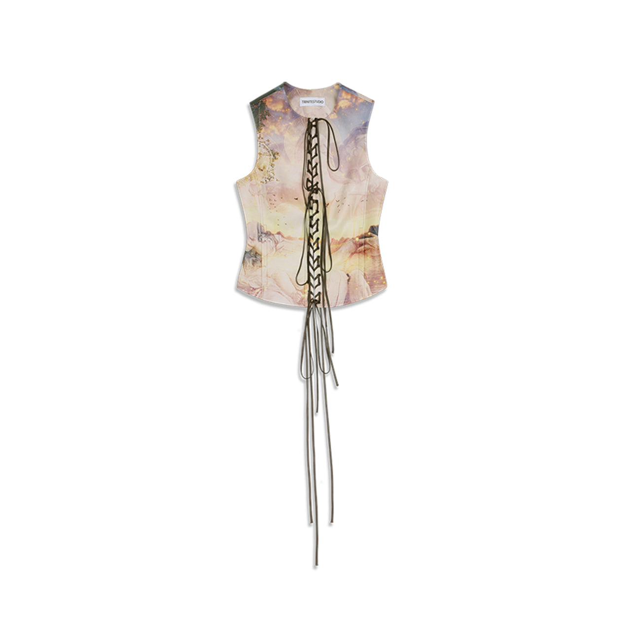 Psychedelic Landscape Print  Braided Leather Vest