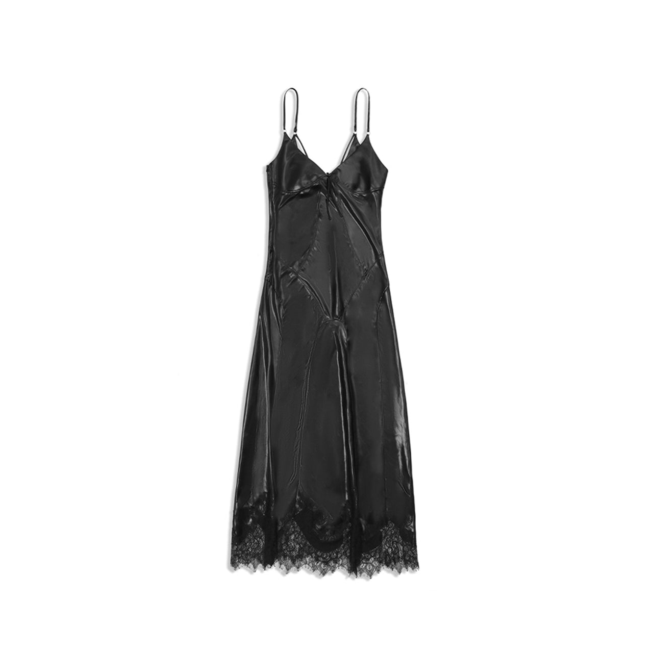 Black Satin Paneled Lace Decorative Dress