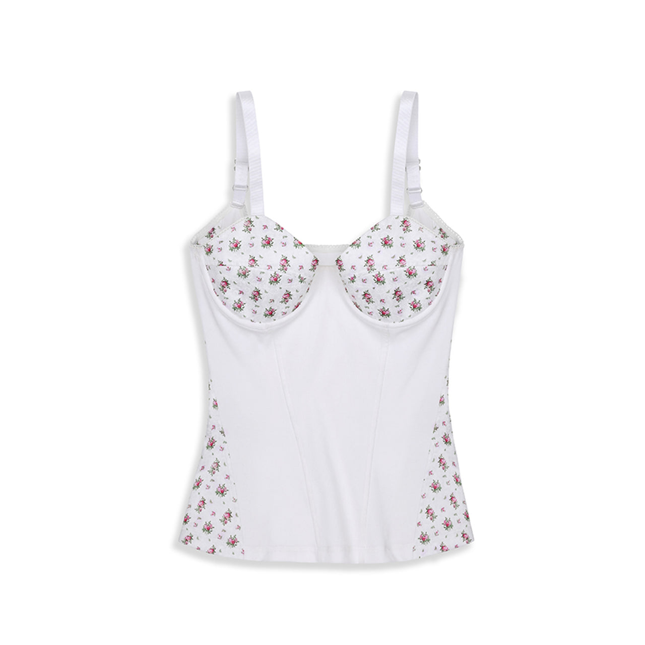 White Ribbed Patchwork Flowers Printing Camisole