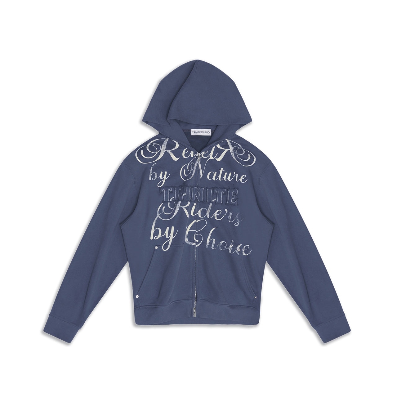 Denim Blue Embroidery Printing Decorative Loose Zip Hoodie