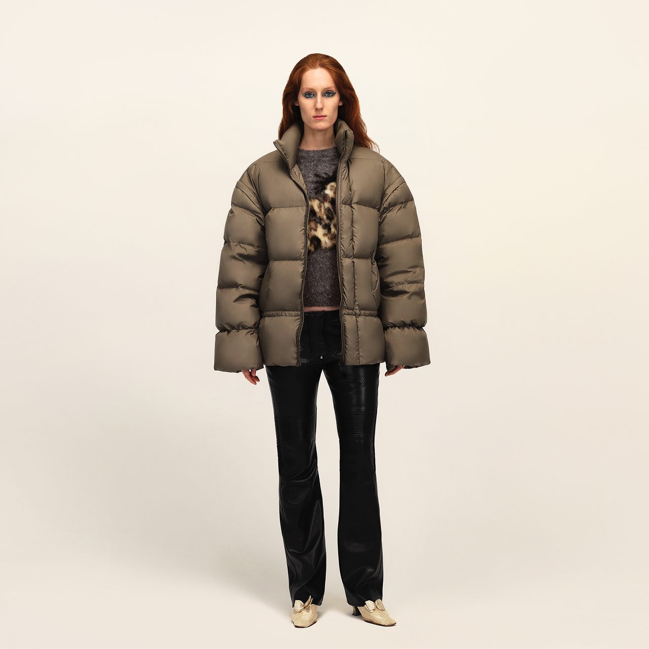Khaki Stand-neck Oversized Down Jacket