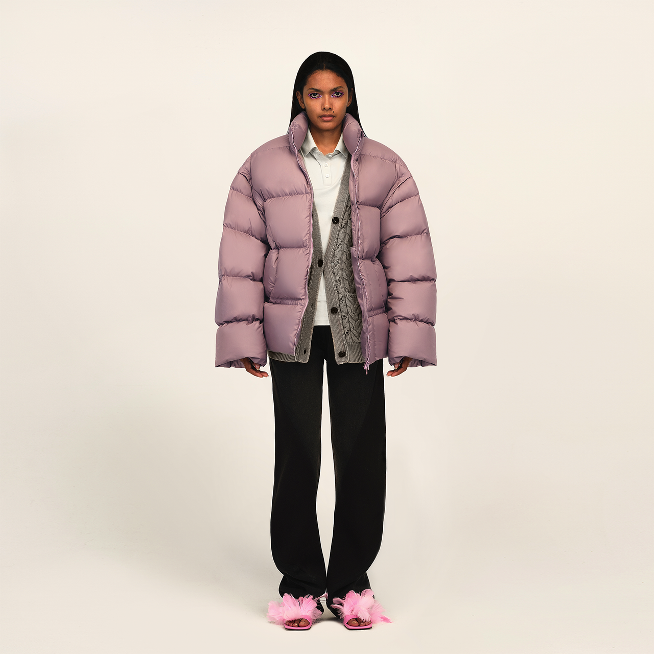 Pink Stand-neck Oversized Down Jacket