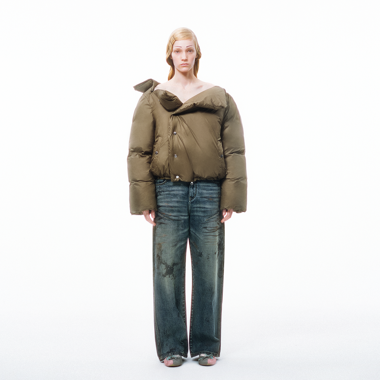 Olive Green Asymmetric-front Structured Down Coat