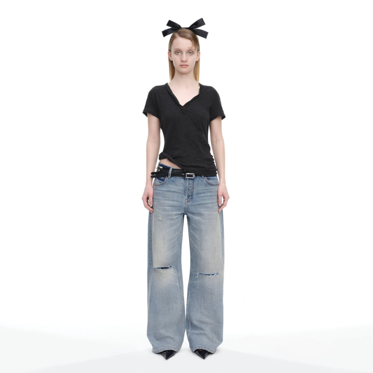 Black Embroidered V-neck Henley Tee