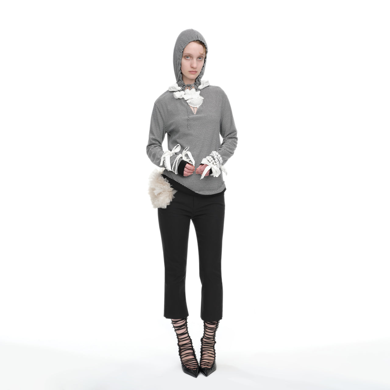 Striped Embroidered Layered Fold-over Hoodie