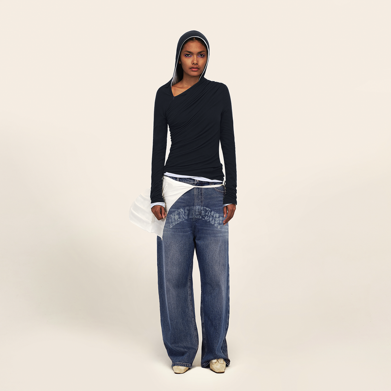 Navy & Hazy Blue Double Layer Hooded Long Sleeve Top