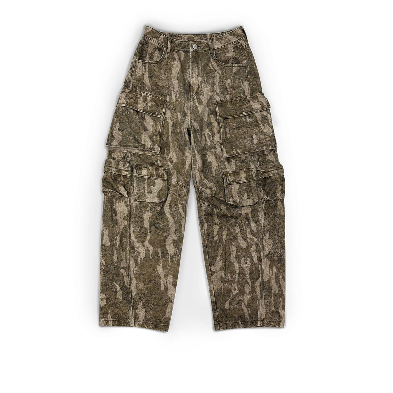 Camouflage Print Distressed Denim Cargo Pants