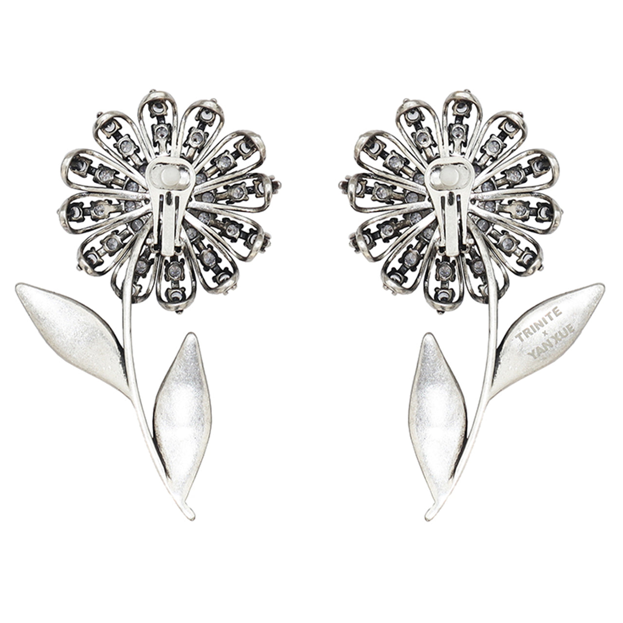 Antique Silver Flower and Zircon Distressed Clip Earrings