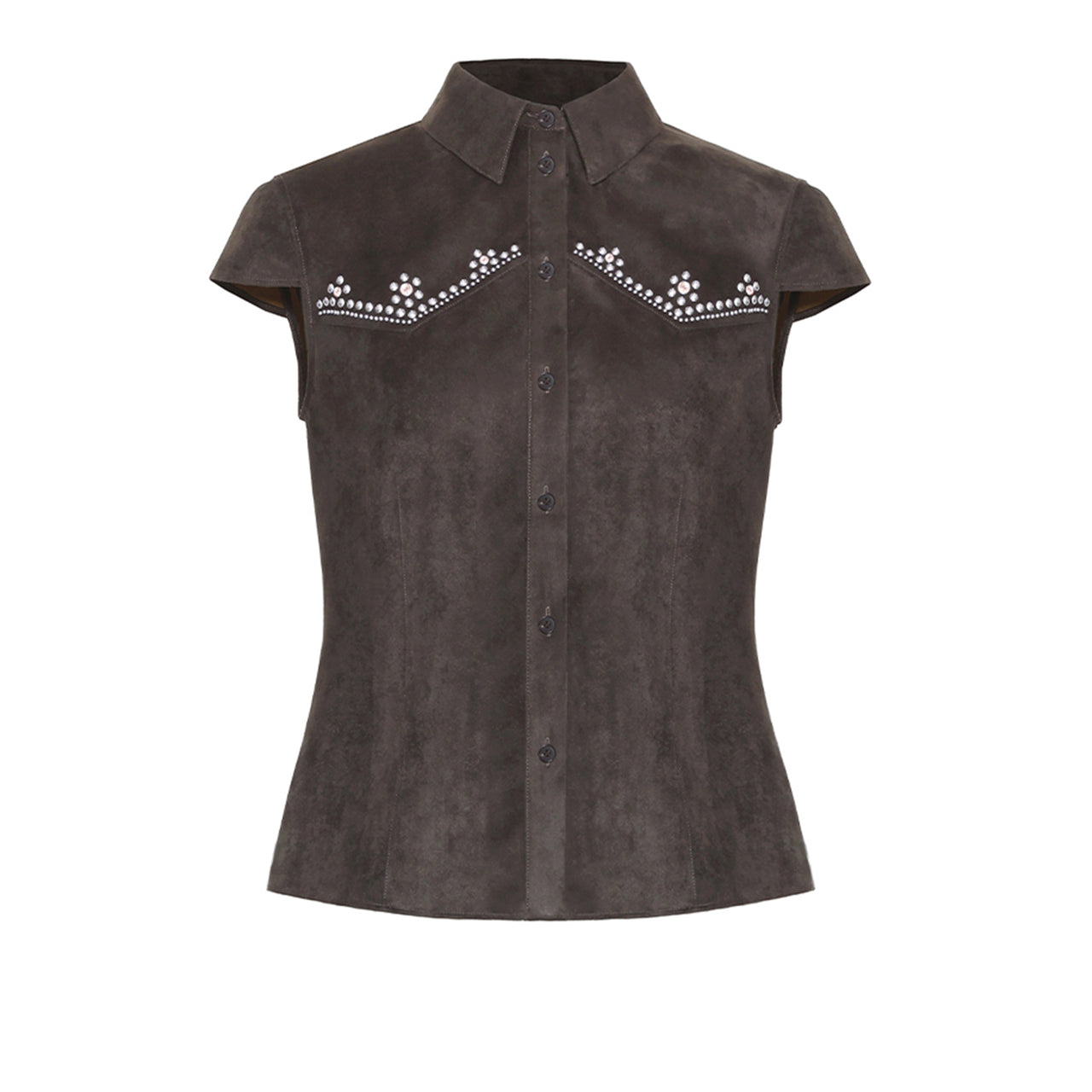 Brown Western Style Studded Slim Short-Sleeve Shirt