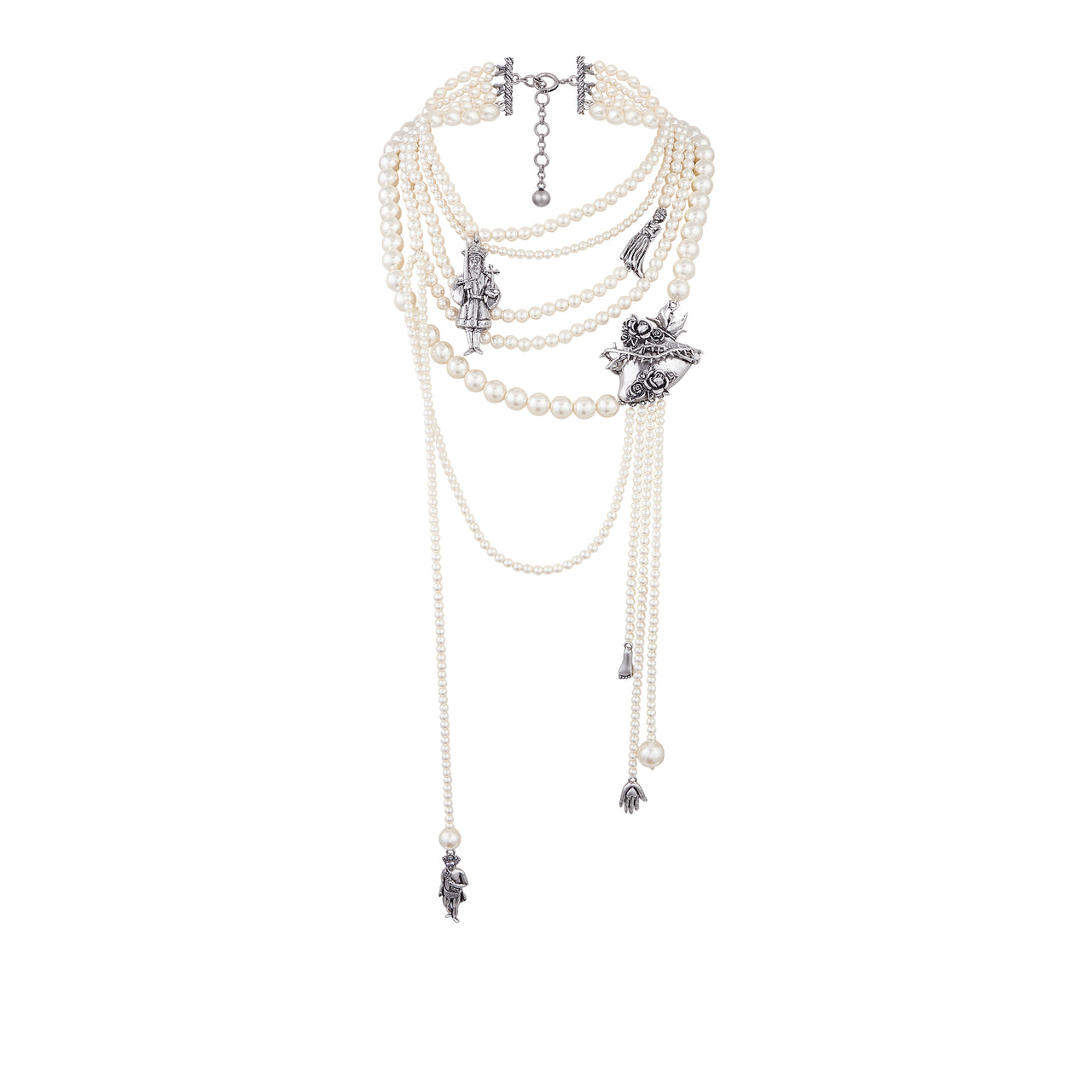 Multi-Layer Pearl Distressed Silver Court Style Long Necklace