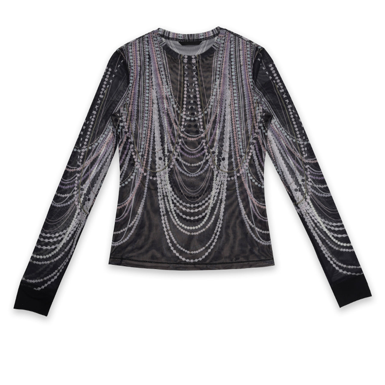 Pearl Overlay Print Mesh Long Sleeve T-Shirt