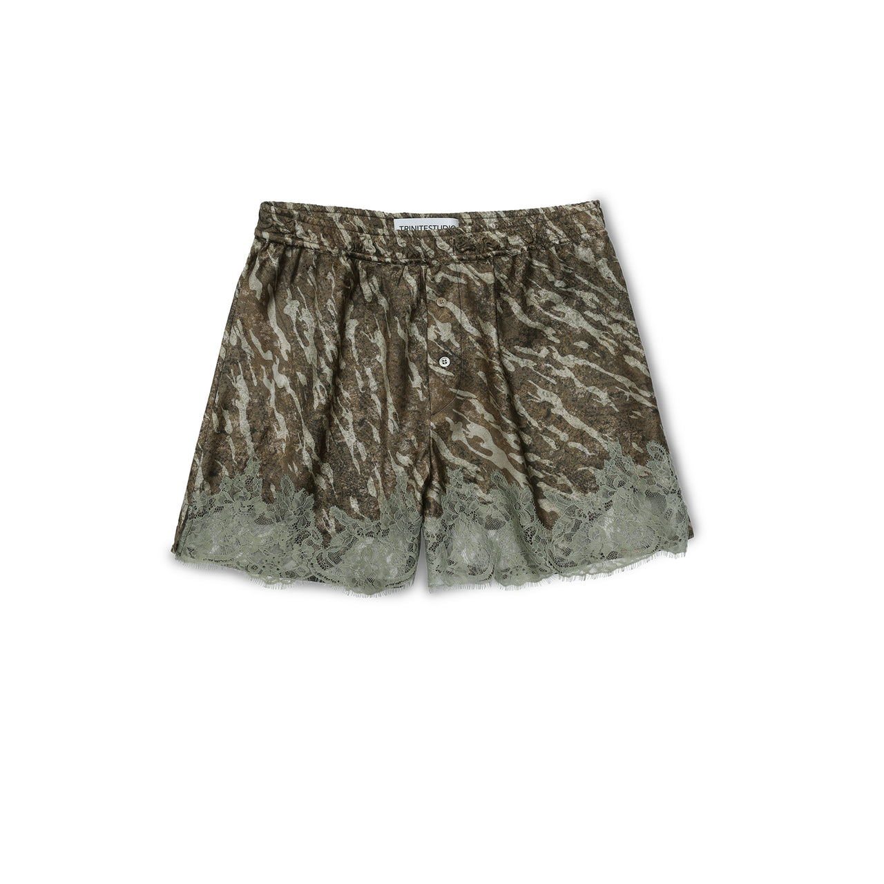 Camouflage Print Lace Trim Silk Shorts