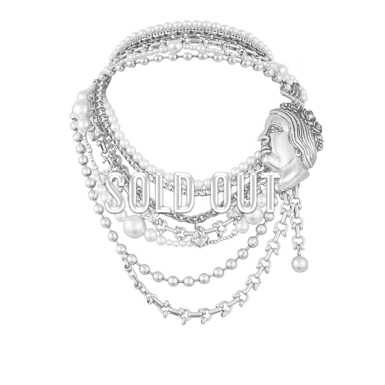 Distressed Portrait Multi-Layer Pearl Short Necklace