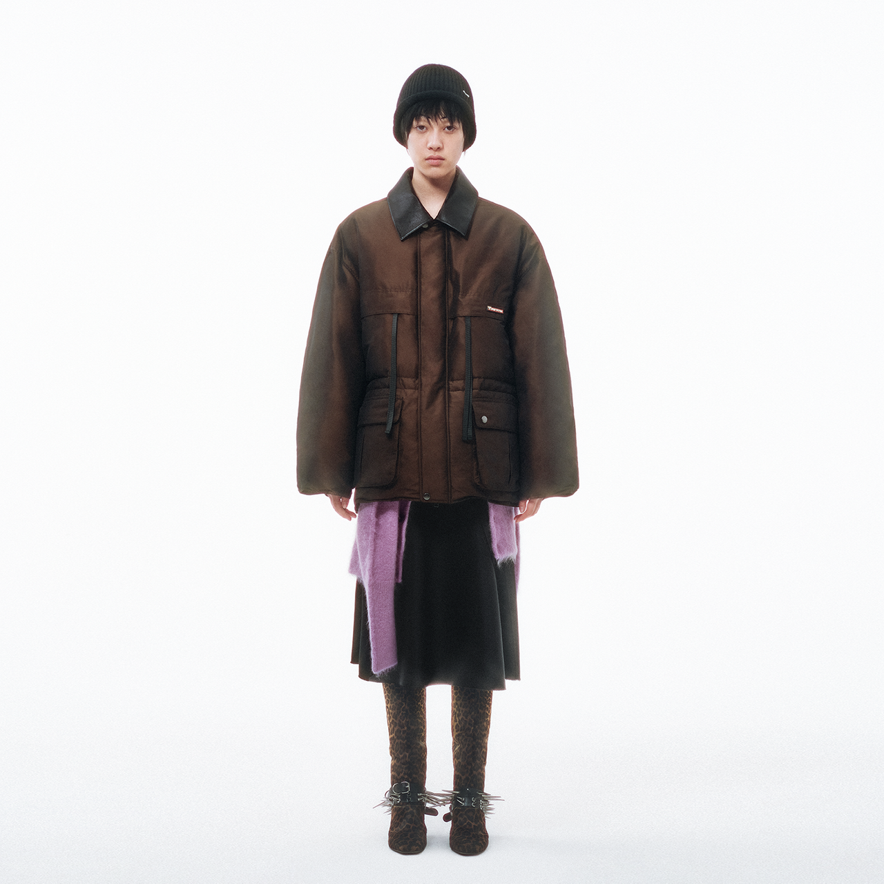 Two-tone Coffee Detachable Leather-collar Down Jacket