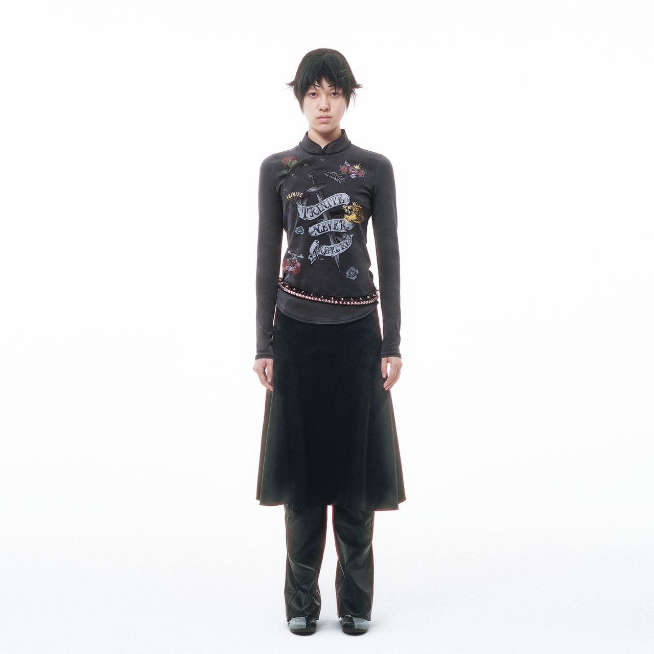Black Old School Printed Chinese Style Long Sleeve Top