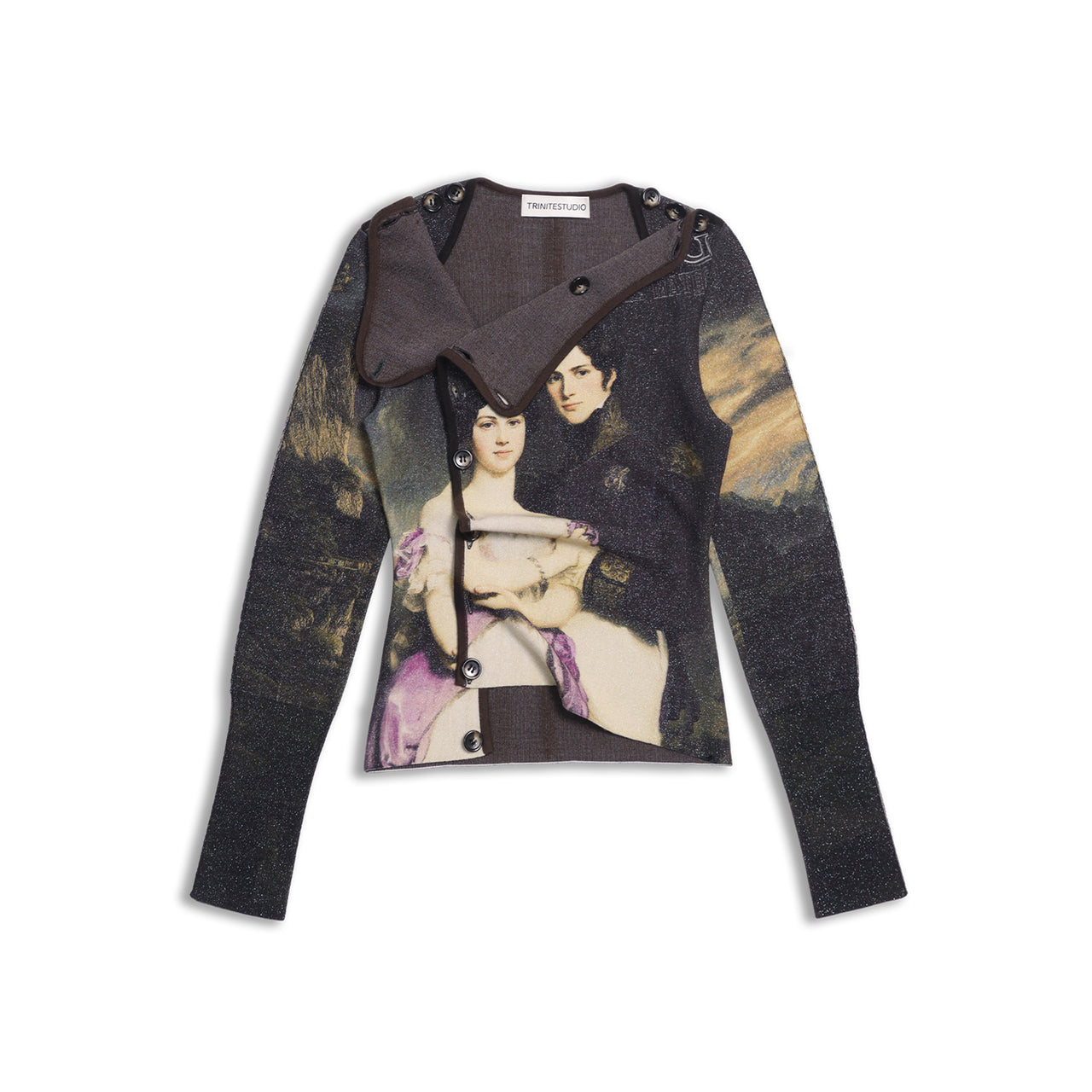 Printed Victorian-style Asymmetric Button Wool Cardigan