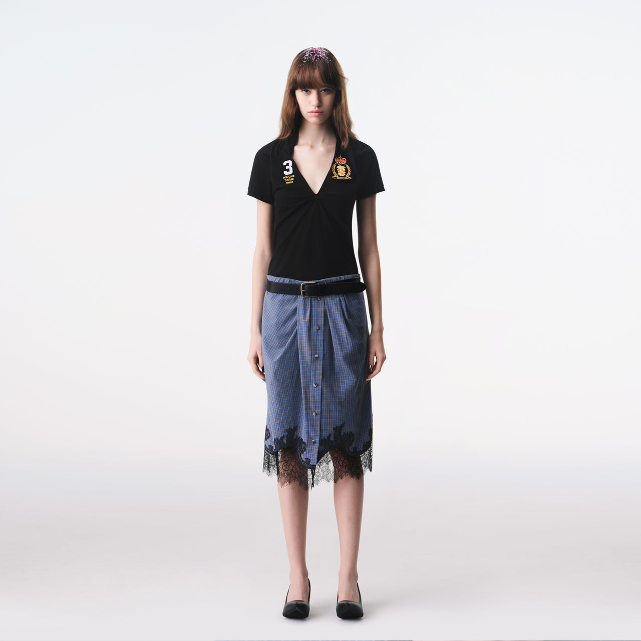 Blue Plaid Deconstructed Lace Skirt