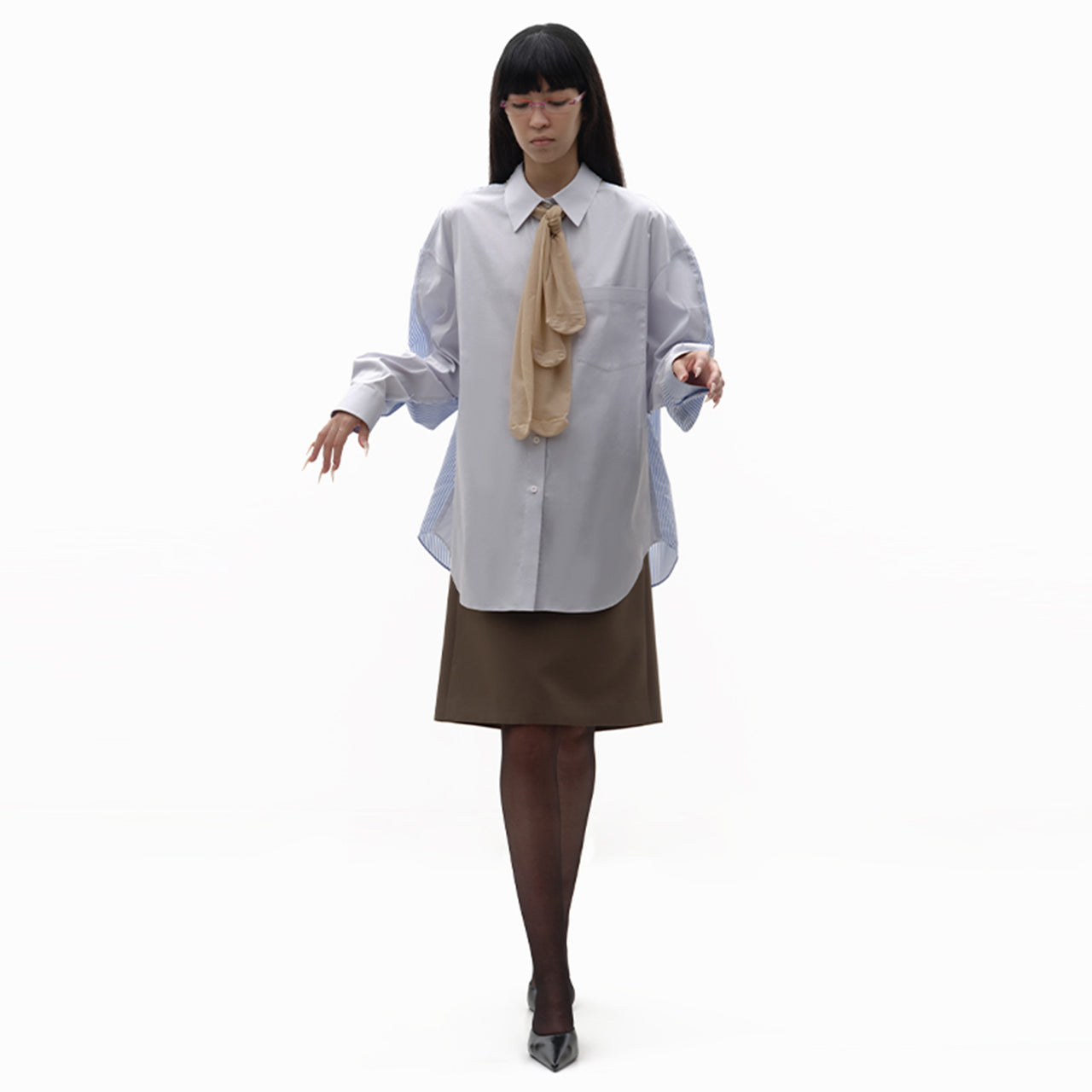 Light Blue Patchwork Striped Oversized Shirt