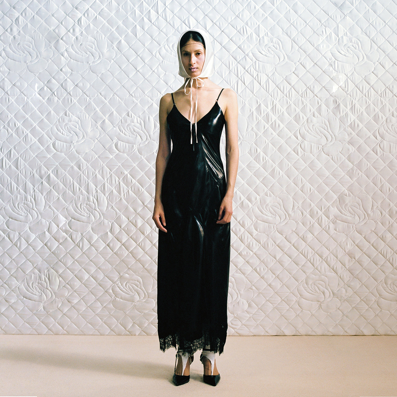 Black Satin Paneled Lace Decorative Dress