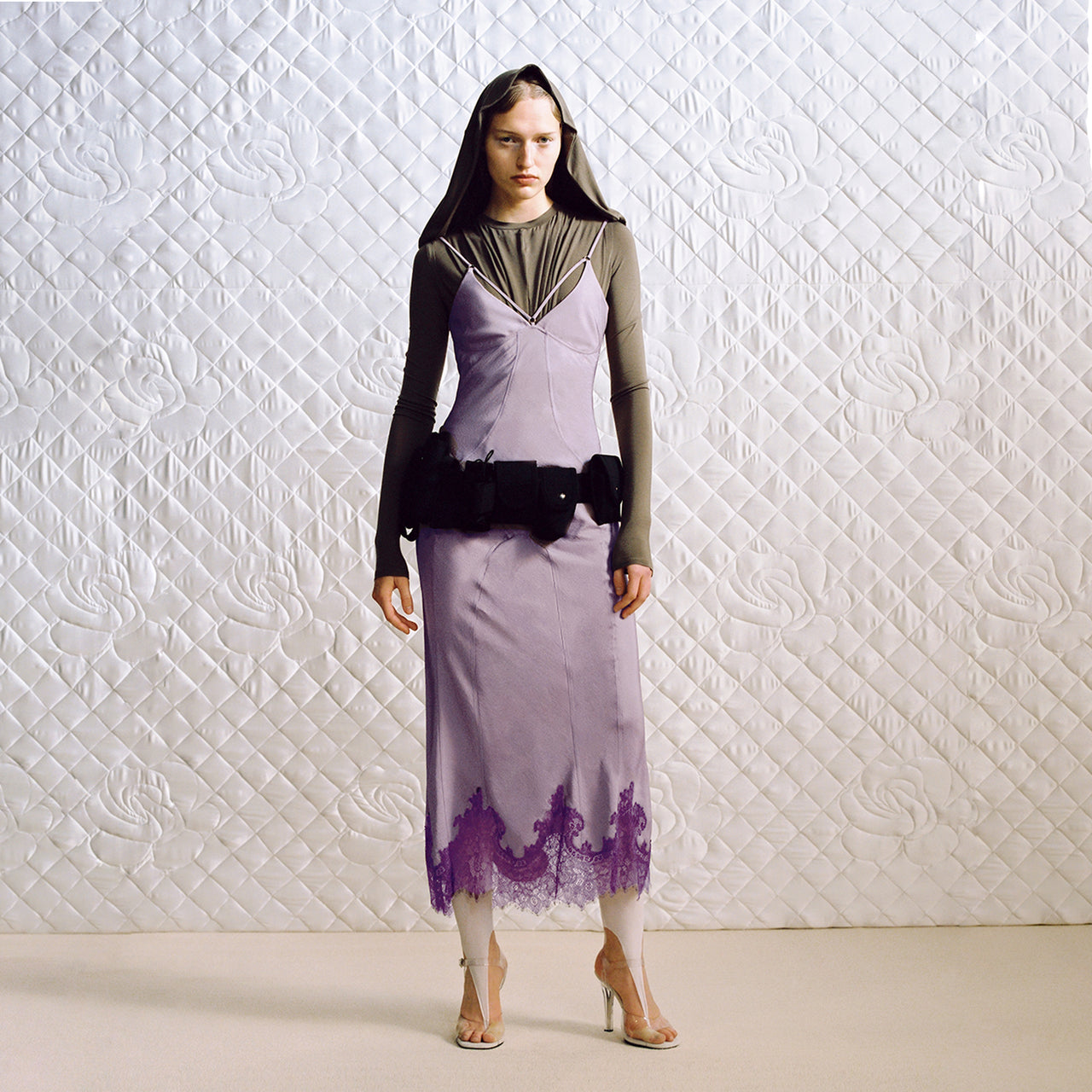 Grayish Purple Paneled Lace Decorative Dress
