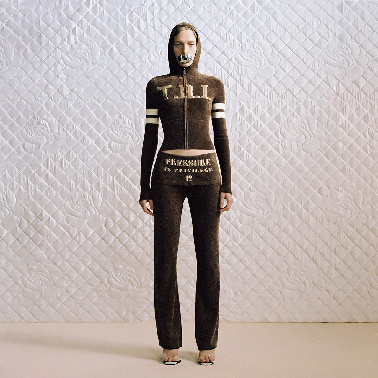 Coffee Jacquard Knit Rolled Pants