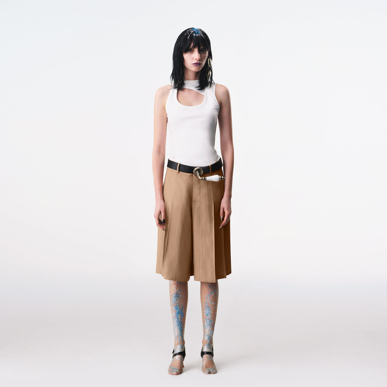 Khaki Sculptural Pleated Tailored Skort
