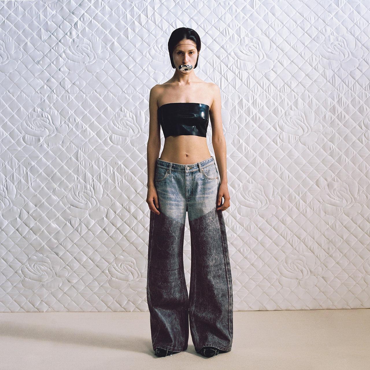 Denim Pattern Paneled Coating Loose Jeans