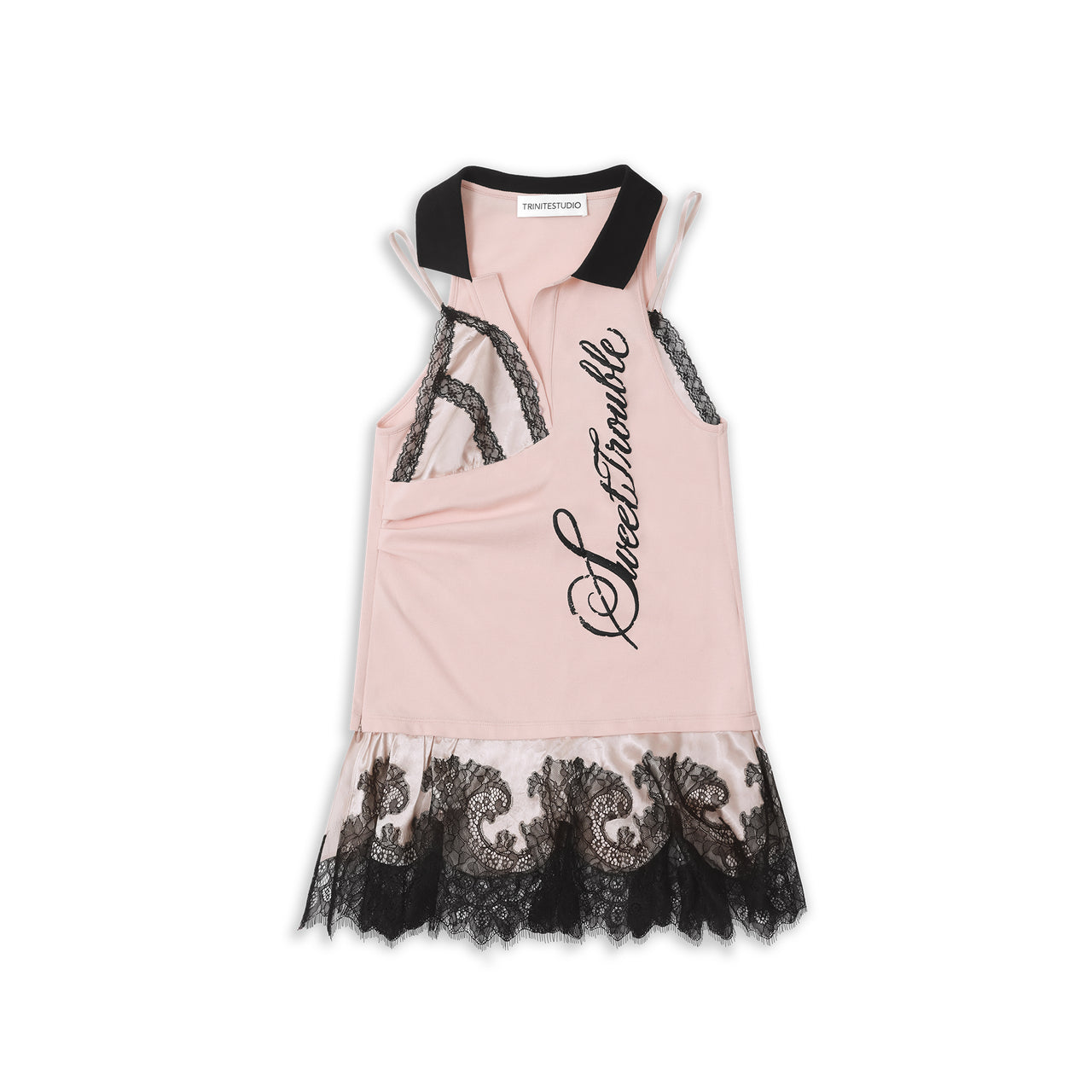 Pink and Black Strappy Deconstructed Polo Top