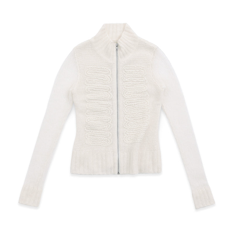 White Embossed Floral Turtleneck Fitted Cashmere Cardigan