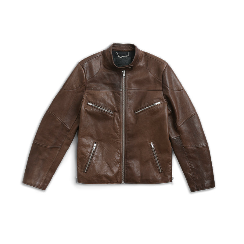 Brown/Black Washed Style Biker Waxed Sheepskin Jacket