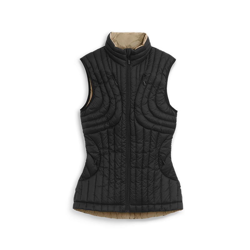 Beige/Black Quilted Down Vest with Curved Line