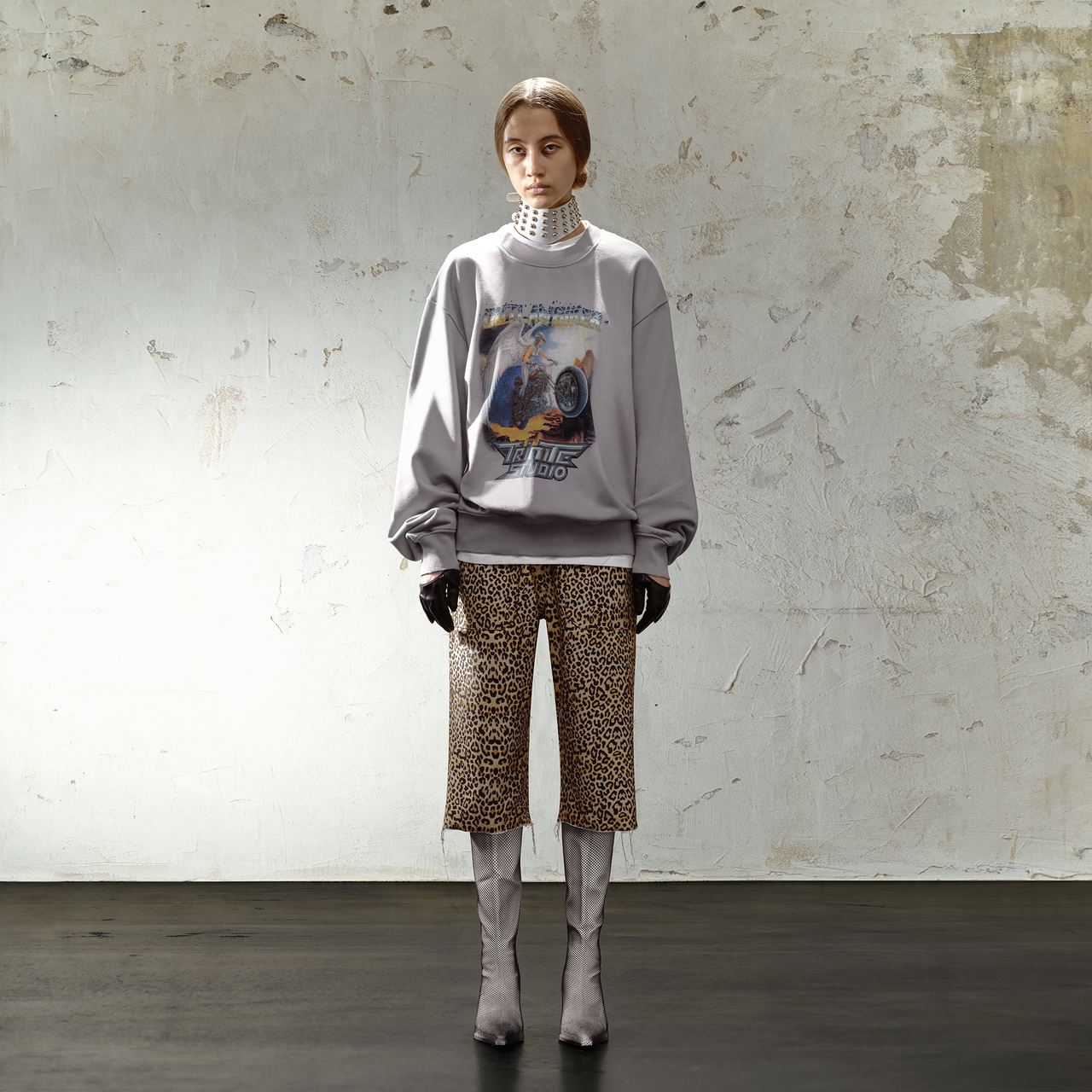 Grey Angel Motorcycle Print Oversized Sweatshirt