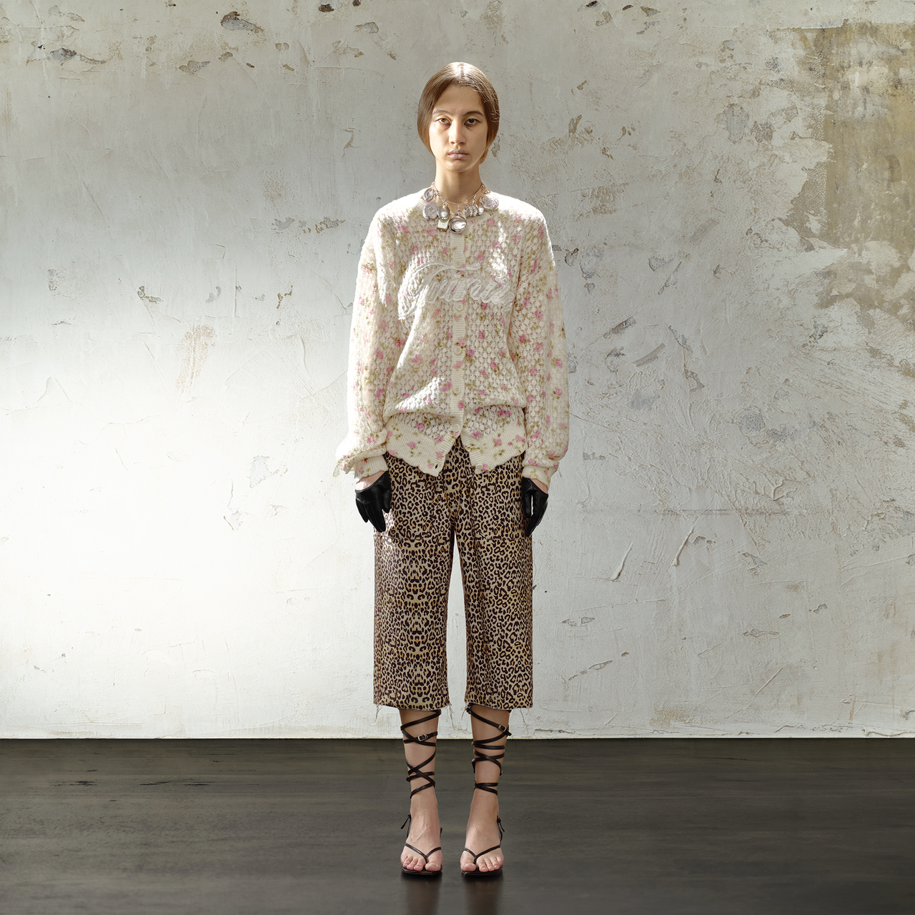Off-white Hollow-out Flower Pattern Knit Coat